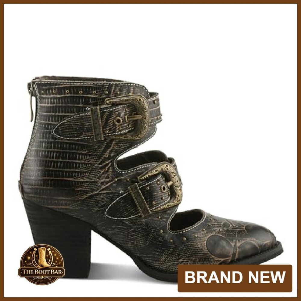 Leather Ankle Boots Cutout Design Block Heel Western Style - Picture 7 of 8